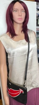 d'izak Red Lip Clutch with Shoulder Criss cross Straps Black Womens Purse - Image 1 of 4