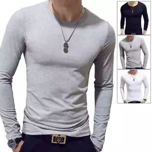 Men's Round Neck Shirt Thermal Base-Layer Sports Top Long-Sleeve Gym Plus Size - Picture 1 of 12