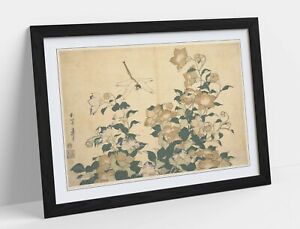 HOKUSAI, DRAGONFLY & BELLFLOWER -FRAMED ART POSTER PAINTING PRINT- JAPANESE ART