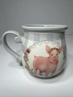 先锋女士 15 盎司 灰色格子乡村农场粉红色猪设计咖啡杯很好 — 第 1/4 张图片