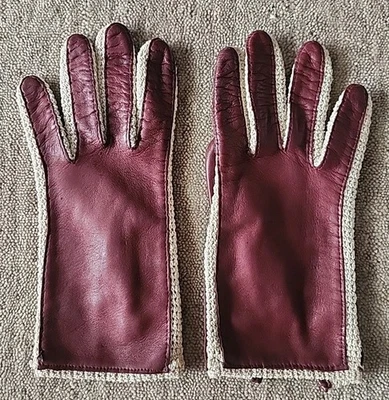 Vintage Gloves Cotton Italy Maroon Burgandy Leather Knit Edge Women's Size 7 - Image 1 of 4