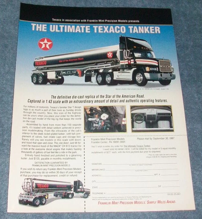 Camión cisterna Franklin Mint 1:43 fundido a presión Mack CH 613 Texaco anuncio de colección  Foto 1 de 1