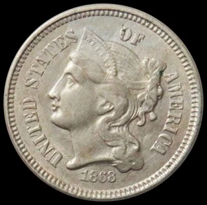 1868 UNITED STATES 3 CENT NICKEL COIN AU+ - Picture 1 of 2