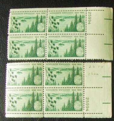 US 3¢ stamp SC #1106 MINNESOTA STATEHOOD 2 matching number plate blocks MNH 1958 - Image 1 of 2