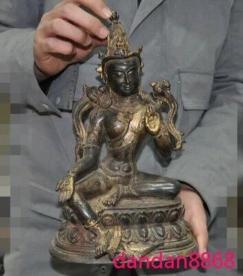 Бронзовая позолоченная статуя Будды Тара Гуань-Инь Гуаньинь храм тибетского буддизма 12,4 дюйма - Изображение 1 из 4