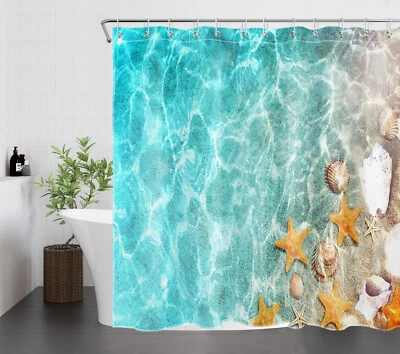 Summer Blue Ocean Starfish Coastal Beach Shower Curtain Set for Bathroom Decor - Image 1 of 4