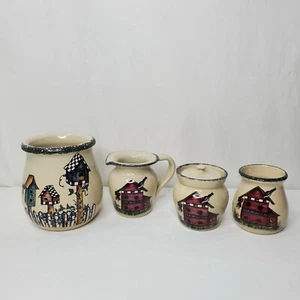 Vtg Birdhouse Stoneware Canister Set Birds Set 4 Canisters Sponge Paint Trim USA - Picture 1 of 12