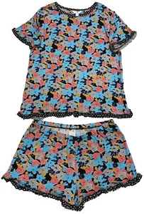 Women's Lightweight Blue & Red Floral Pajamas Shorts & Tee Shirt Sleep Set - Picture 1 of 1