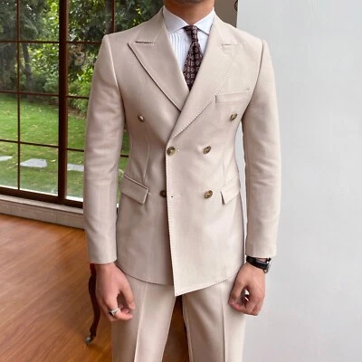 Traje de hombre de doble pecho formal de negocios calce ajustado boda novio esmoquin a medida Foto 1 de 4
