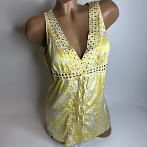 Express Silk Yellow White Boho Studded Empire Waist Top Medium Y2K Resort Chic - Picture 1 of 13