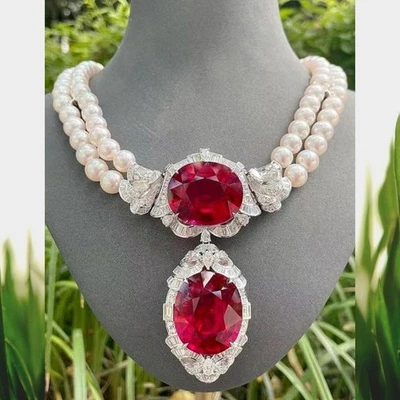Lab Ruby & Freshwater Pearl Women's Necklace 925 SS Elegant Jewelry Cocktail - Image 1 of 4