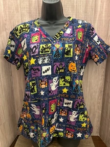 Med Couture HALLOWEEN Themed Sparkly Scrub Top-Pumpkin/Ghost/Bat/Cat Size Medium - Picture 1 of 14