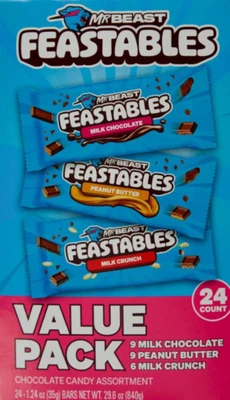 Mr Beast Feastables Milk Crunch/ Chocolate/ Peanut Butter/ Value Pack, 24 Bars - Image 1 of 4