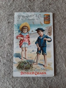 Tarjeta comercial de colección McMenamin & Co Hampton VA Deviled Crabs lata de ostras - Imagen 1 de 5
