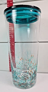 Starbucks clear glass with teal and orange in glass, as is lid has a crack - Picture 1 of 5