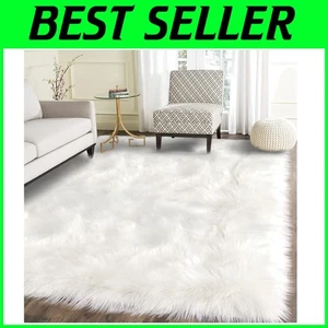 Soft White Faux Fur Sheepskin Rug 4x6 - Fluffy Bedroom Decor - Picture 1 of 9
