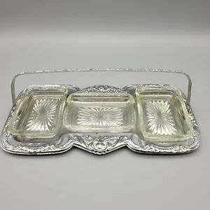 Vintage Metal Condiment Relish Tray with Three Glass Dish Inserts - Picture 1 of 19