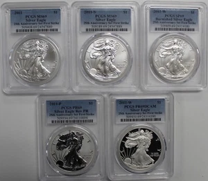 2011 $1 Silver Eagle 25th Anniversary 5 Coin Set PCGS MS69/SP69/PR69 - Picture 1 of 2