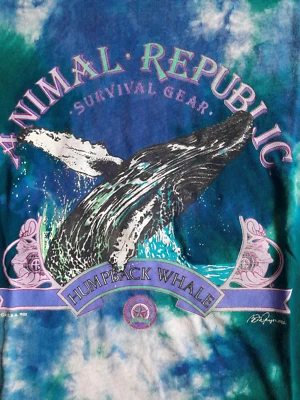 Vintage Tie Dye Animal Republic Humpback Whale Print Blue Green T-Shirt Size L - Image 1 of 4