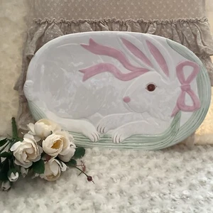 Takahashi Rabbit Bunny brown eyes pastel green pink ceramic platter 10"x19" - Picture 1 of 9