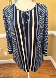Jones new York Blue Geometric Tunic Top Tassel Tie Neck Sz L - Picture 1 of 2