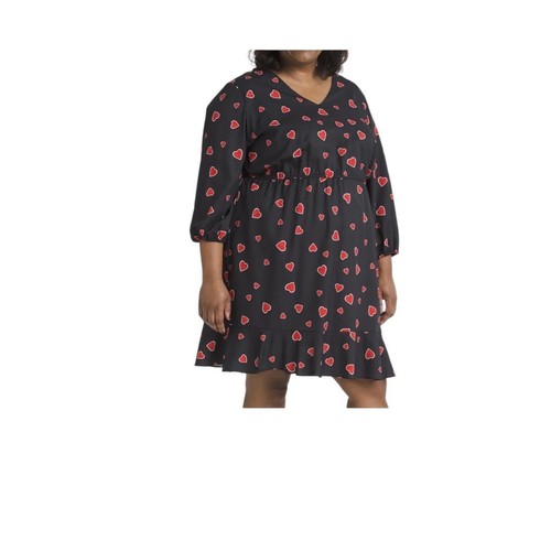 VALENTINO Abito Hutch donna 4X nero rosso stampa cuore orlo balza volant Anthropologie