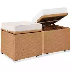 Natural Wicker Outdoor Ottomans Storage Box Footstool with Removable Ivory Cushi - Picture 1 of 7