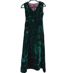 Vintage Crushed Velvet Maxi Dress Empire XS S Kelly Green Retro Rave Prom gypsy - Picture 1 of 17