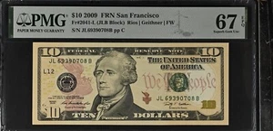 2009 $10 Federal Reserve Note Fr-2041-L San Francisco PMG67 Superb Gem EPQ - Picture 1 of 2