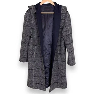 Olivia Lauren Open Jacket Hood Lined Gray Plaid Navy Blue Trim Women Understated - Picture 1 of 10
