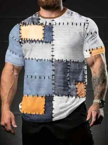 T-shirt girocollo manica corta con motivo patchwork stampato in 3D per uomo, casual estate - Foto 1 di 6
