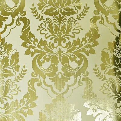 Victorian Gold foil metallic yellow cream traditional damask modern wallpaper 3D - Image 1 of 4