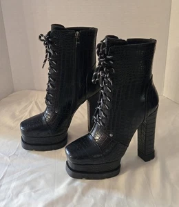 Azalea Wang Dolls Kill Stiefel neu ohne Karton schwarz vegan Krokodilabsatz Größe 7 - Bild 1 von 9