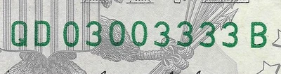 [BINARY] $5 Five Dollar Bill Fancy Serial Number - 'QD 03003333 B' - Image 1 of 4