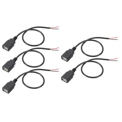 1Ft USB Female to 2 Pin Bare Wire Pigtail Cable, 5pcs 22AWG Power Cords Black - Image 1 of 4