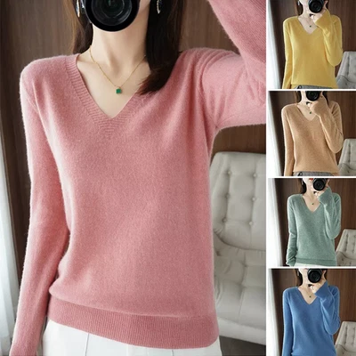 Women Lady Cashmere Sweater V-neck Jumper Long Sleeve Knitted Bottoming Shirt