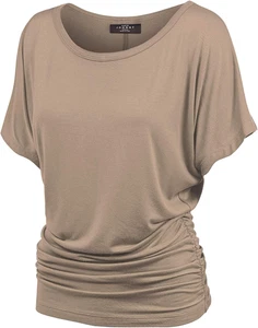 Damen lässig einfarbig Kurzarm U-Boot-Ausschnitt/V-Ausschnitt Dolman Oberteil T-Shirt mit Seite - Bild 1 von 5