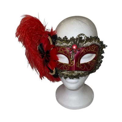 HANDPAINTED VENETIAN MAQUERADE Red MASK MADE IN ITALY, VENEZIA - Feathers Flower - Image 1 of 3