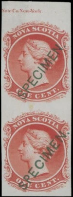 1860 NOVA SCOTIA, QUEEN VICTORIA, VERTICAL PAIR PROOFS OF 1C, GREEN SPECIMEN B-D - Image 1 of 2