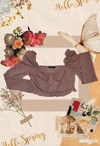 Nasty Gal Rüschenbesatz Gr. 6 rosa weiß gepunktet cropped Langarm Knopfleiste - Bild 1 von 12