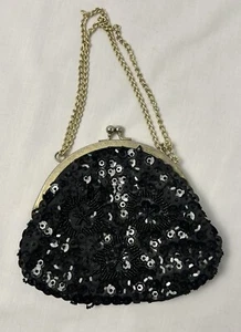 VTG Bead Sequin Small Clutch Black Gold Chain Cocktail Wedding - Picture 1 of 4