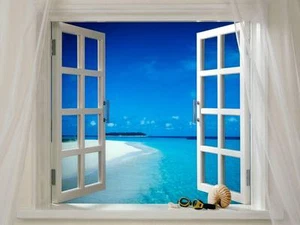 BEAUTIFUL TROPICAL SEA VIEW Through Window *FRAMED* CANVAS ART - 18x12" - Picture 1 of 1