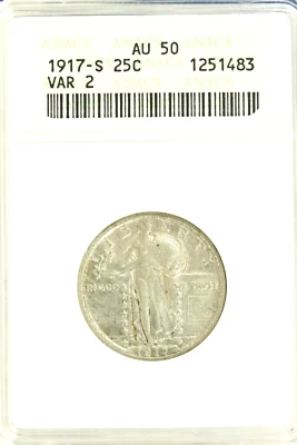 Cuarto Libertad Permanente Tipo 2 1917-S: ANACS AU50 Foto 1 de 4