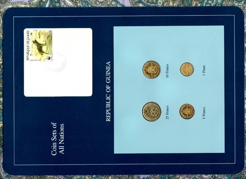 Coin Sets of All Nations Guinea w/card UNC 1,5,10 Francs 1985 25 Francs 1987 Cover