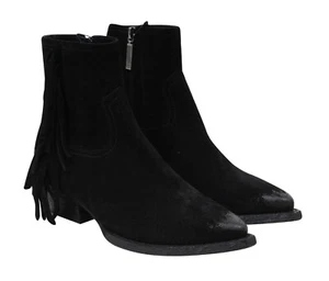 Saint Laurent Women Fringe Boots Sz 35.5 US 5.5 Lukas Western Black Suede Waxed - Picture 1 of 10