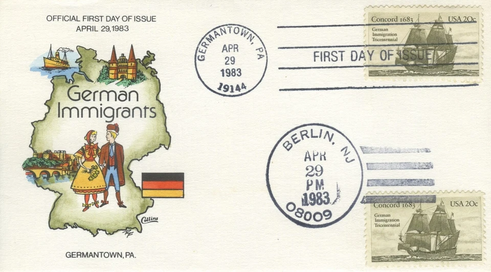 US, #2040 US-GERMANY, Collins Hand-painted First Day Cover DUAL CANCEL Perfect!! - Image 1 of 1
