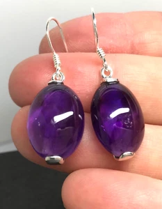 amethyst oval drop earrings, solid Sterling Silver cabochon 18 x 13mm. Gift box. - Picture 1 of 12