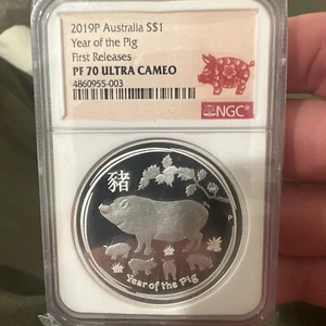 2019-P Australia $1 Year of the Pig 1oz .9999 Silver NGC PF70 Ultra Cameo FR - Picture 1 of 2
