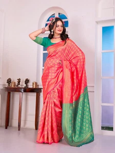 Designer Sari Bollywood Braut Seidensari Bluse südindischer Partykleidung Sari - Bild 1 von 4