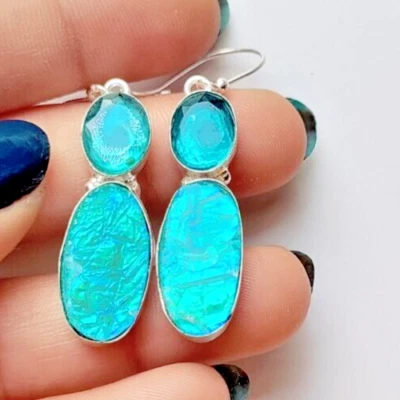 Australian Triplet Fire Opal Gemstone 925 Sterling Silver Jewelry Earrings 1.80" - Image 1 of 4